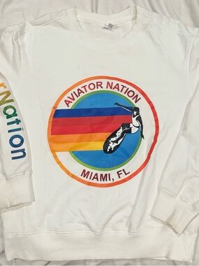Women’s Aviator Nation White Crewneck with Multicolor Miami Graphic size MEDIUM